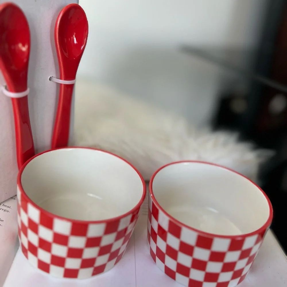 Red and White Checkered Ceramic Bowls with Spoons
